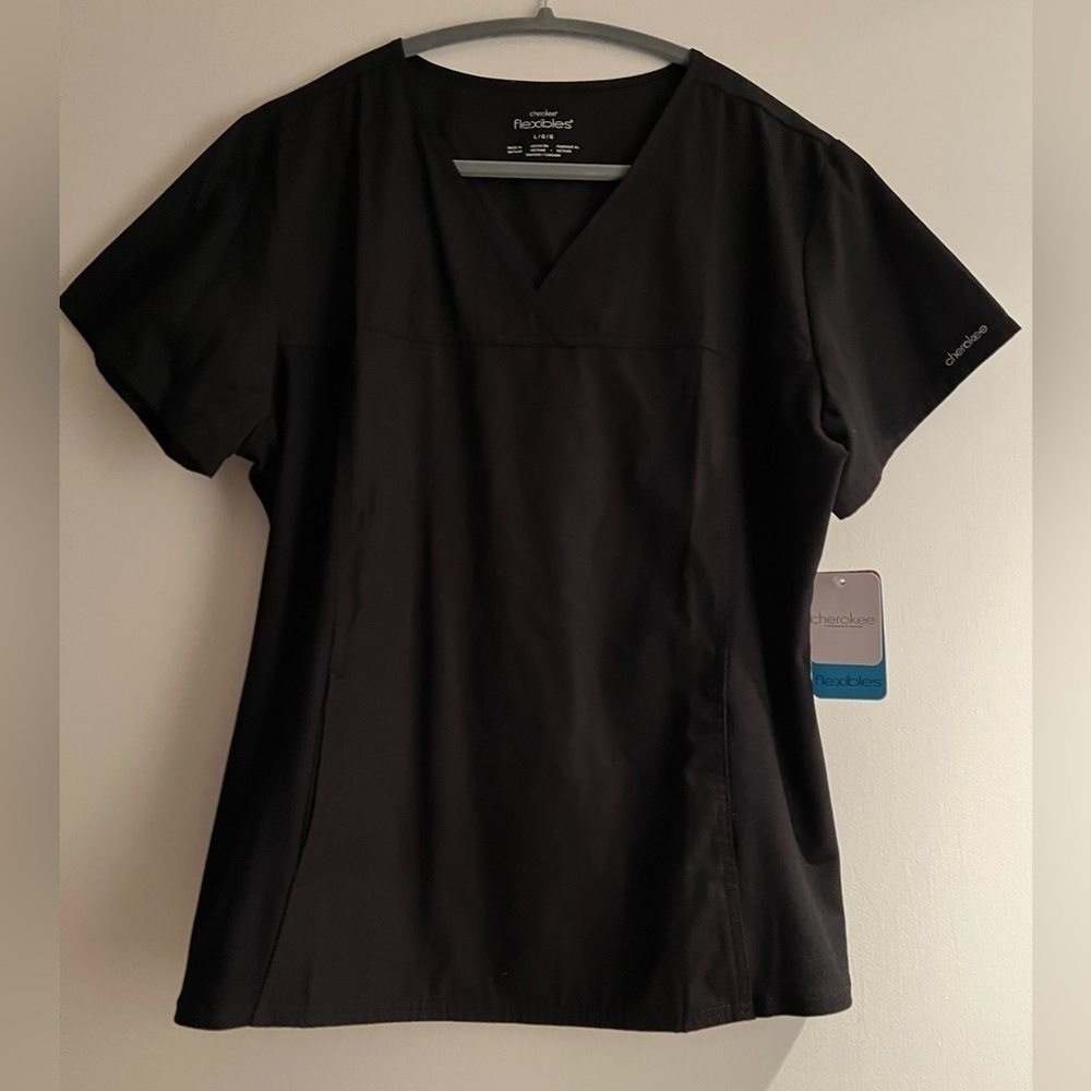 NEW Cherokee Flexibles V-Neck Scrub Top w/ Knit Panels, Black, Size L - Picture 4 of 8
